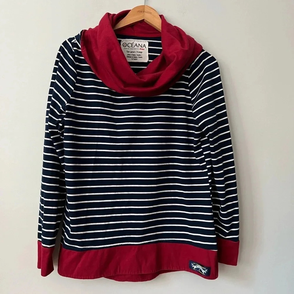 Navy and Red Striped Cowl Neck Sweater